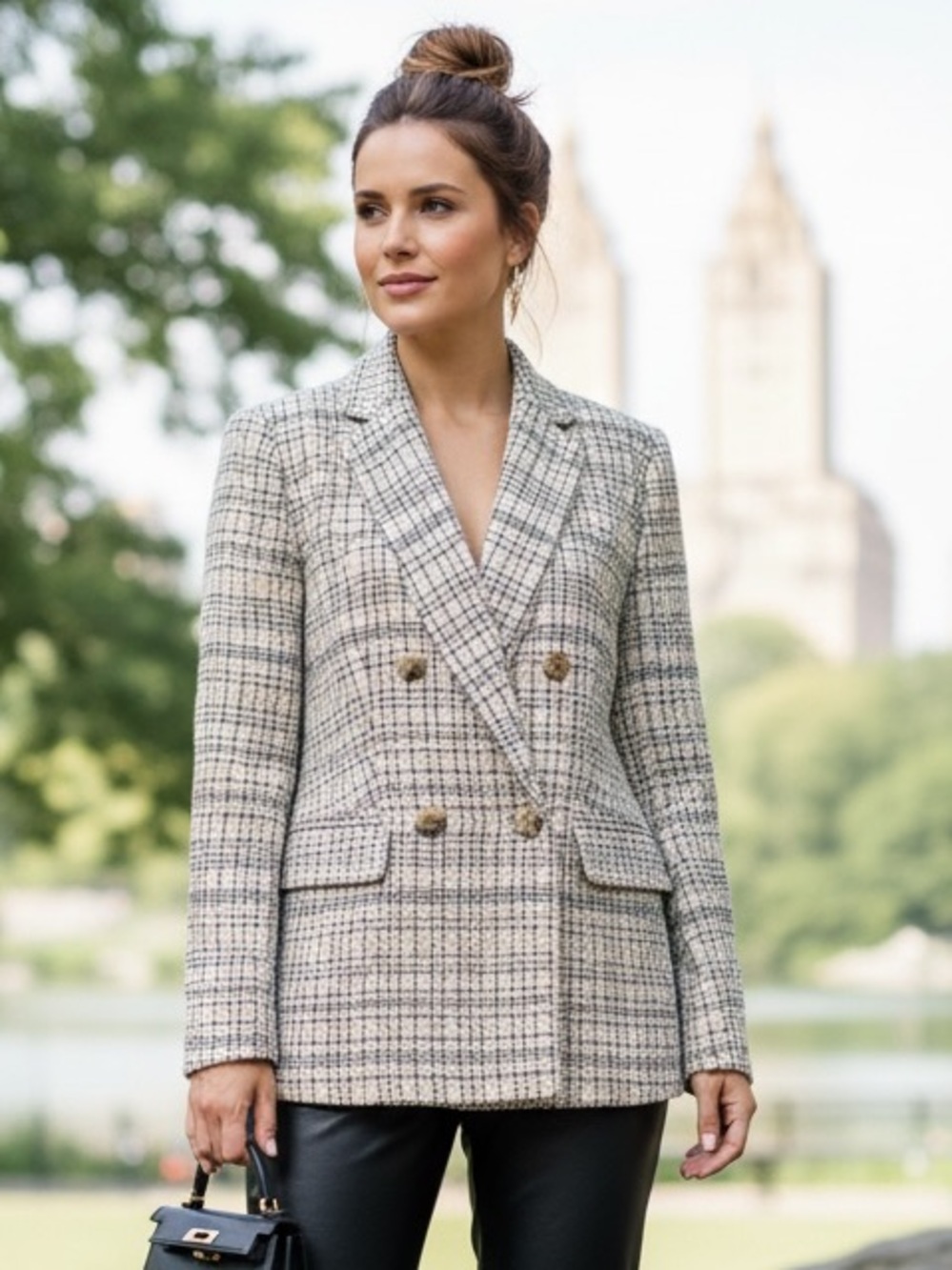 Ann Taylor Cream Plaid Double-Breasted Blazer *  Size 6